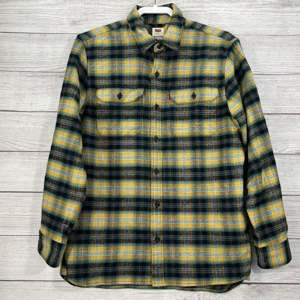 Levis Mens Jackson Worker Yellow Blue Flannel Check Relaxed Fit Shirt Sz S - Picture 4 of 9